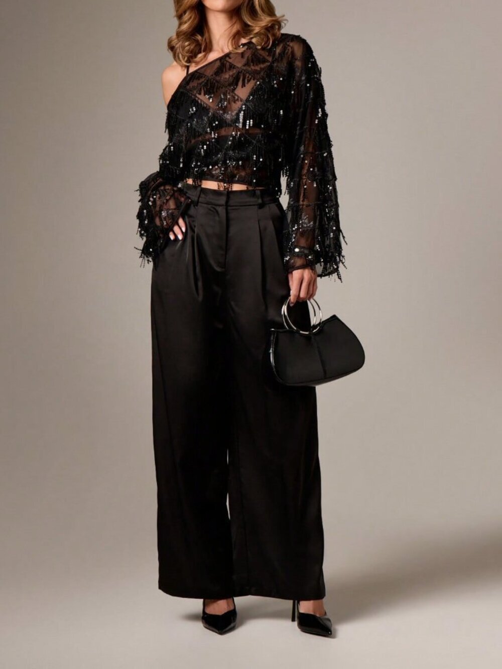 Black Party Women's Sequin Fringe One-Shoulder Sleeve Mesh Top Tassel Detail - Picture 3 of 6